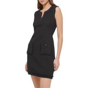 Karl Lagerfeld Paris | Fringe Trim Tweed Sleeveless Sheath Dress Black | Size 10